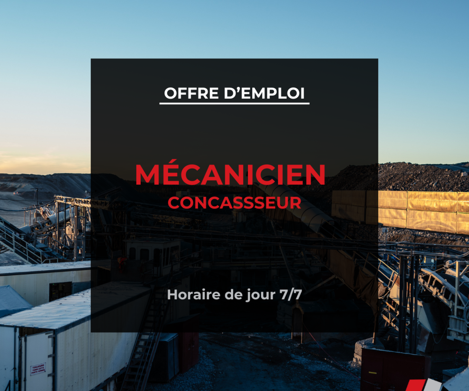 Offre d'emploi de mécanien concassage Horaire de jour 7/7